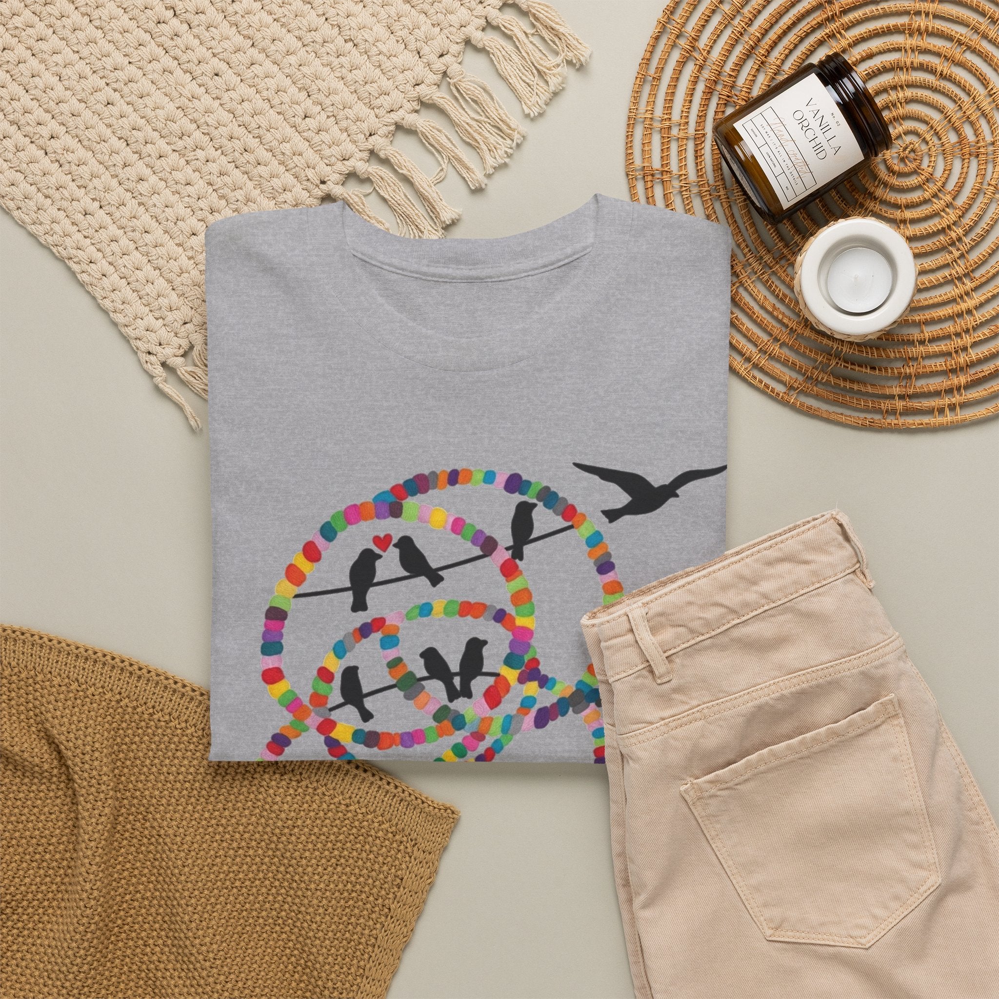 Colorful Tape Swirl with Flying Birds T-Shirt | Abstract Graphic Tee