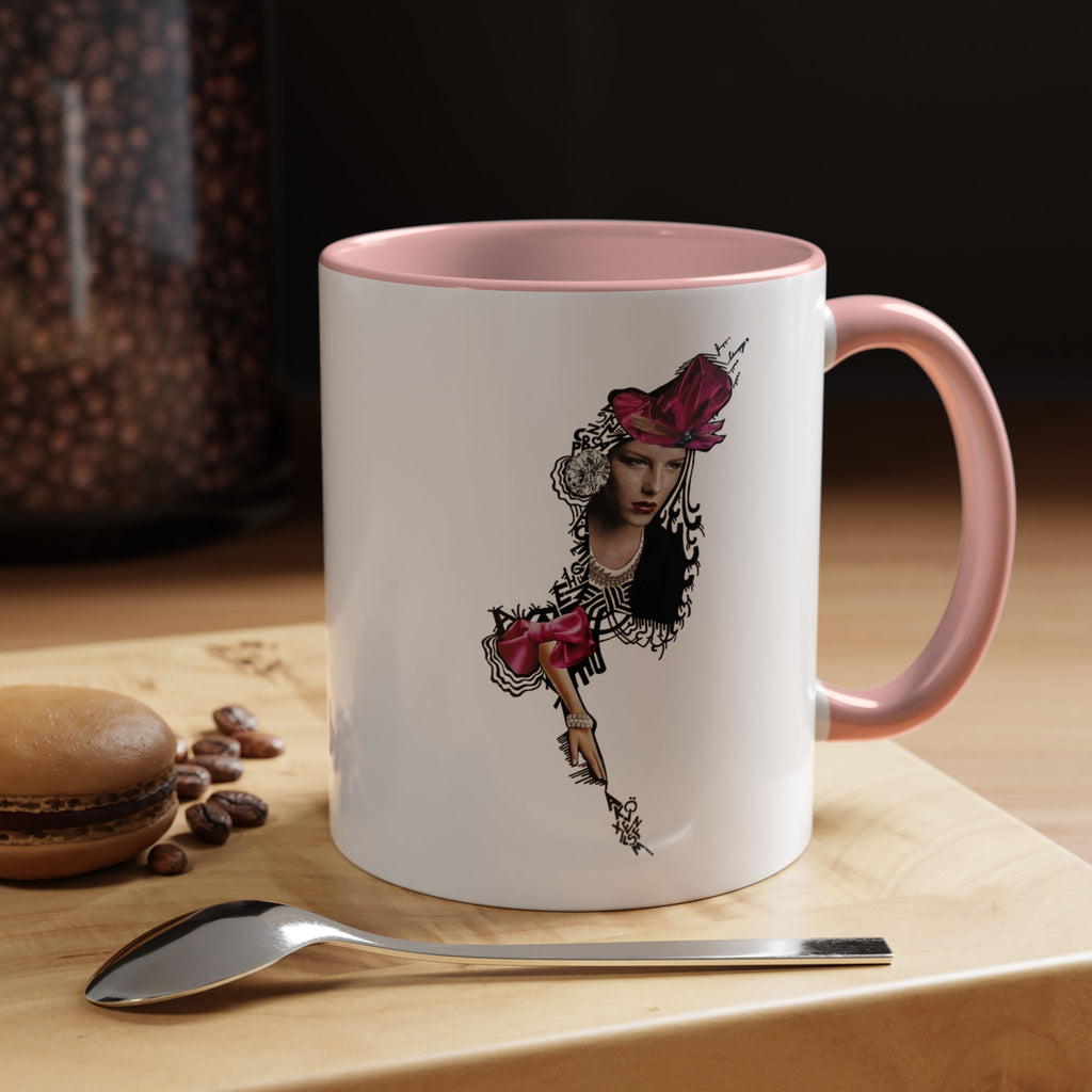 Vintage Femme Portrait Mug | Floral Headpiece, Pink Feathered Hat