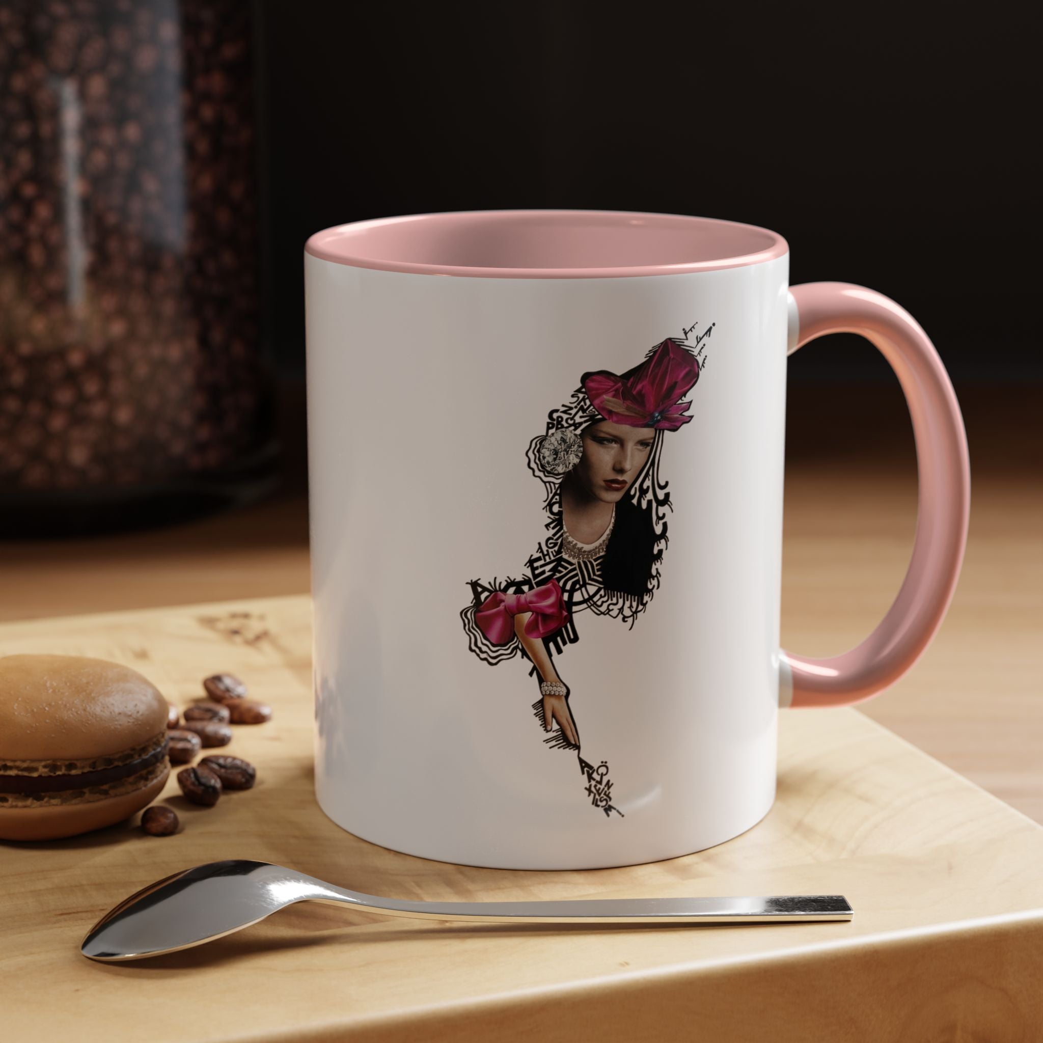 Vintage Femme Portrait Mug | Floral Headpiece, Pink Feathered Hat