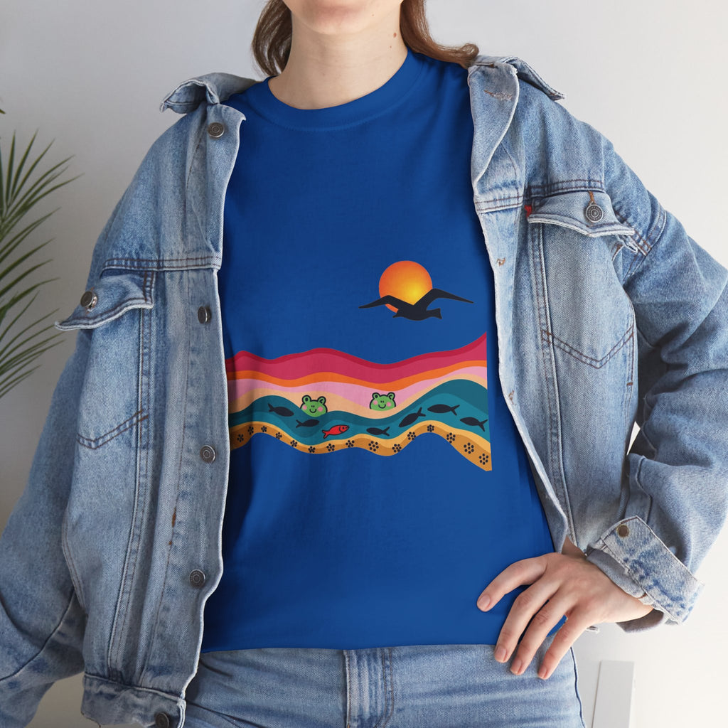 Sunset Desert Waves Tee | Vibrant Southwestern Landscape, Bird Silhouette