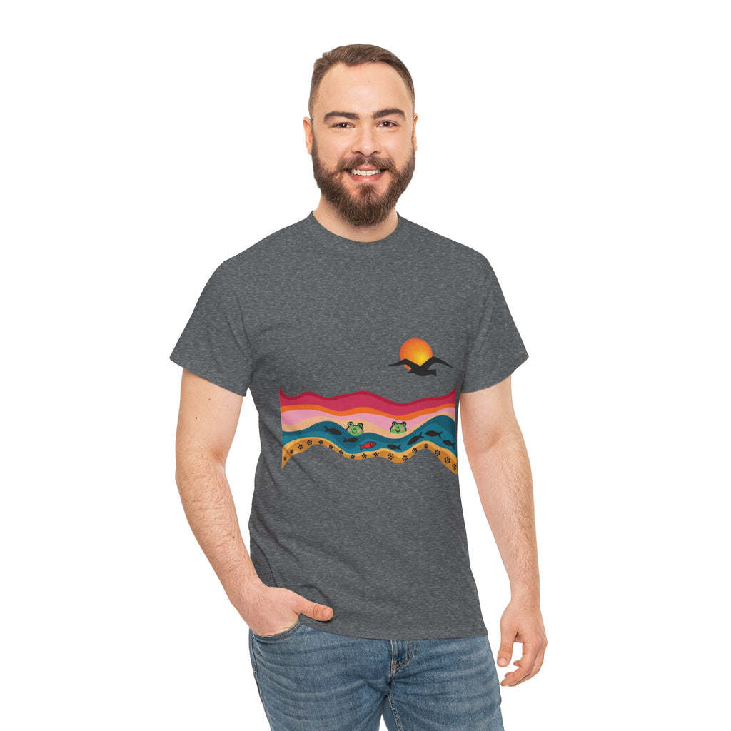 Sunset Desert Waves Tee | Vibrant Southwestern Landscape, Bird Silhouette
