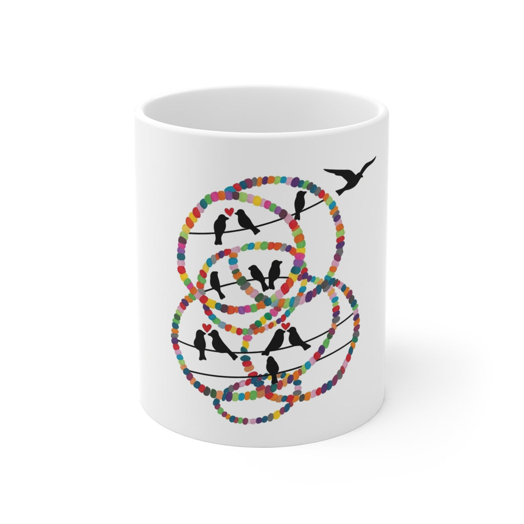 Colorful Beaded Hoop Birds Mug | Silhouette Bird Art, Whimsical Pattern