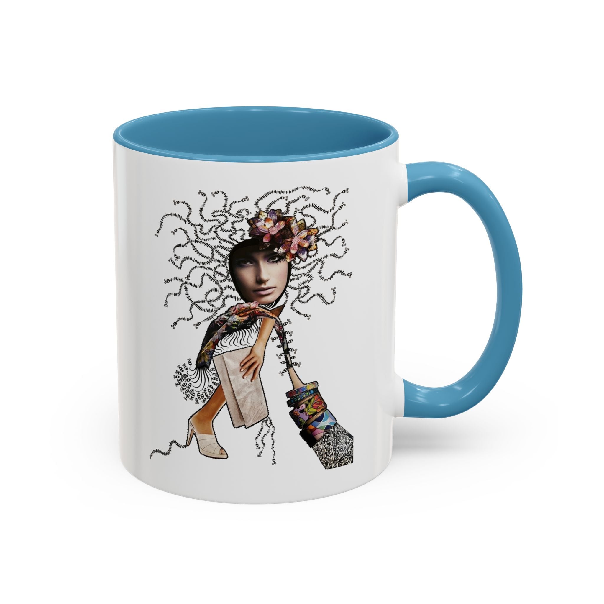 Medusa Face Collage Accent Coffee Mug | Surreal Hair Tendrils, Fashion Elements