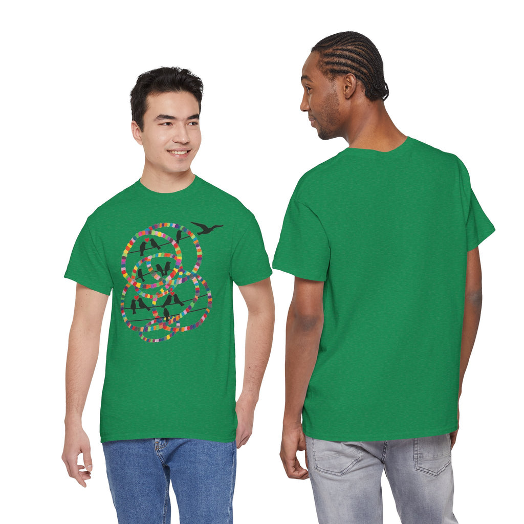 Colorful Tape Swirl with Flying Birds T-Shirt | Abstract Graphic Tee