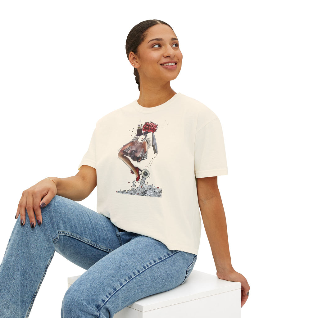 Surreal Floral-Head Figure Boxy Tee | Collage Art, Abstract Portrait