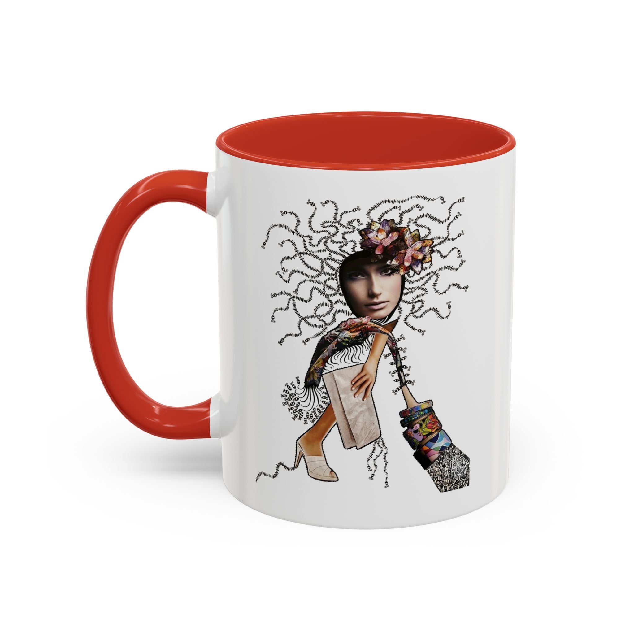 Medusa Face Collage Accent Coffee Mug | Surreal Hair Tendrils, Fashion Elements