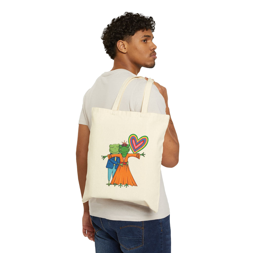 Canvas Tote Bag — Cute Frog Couple with Rainbow Heart Illustration