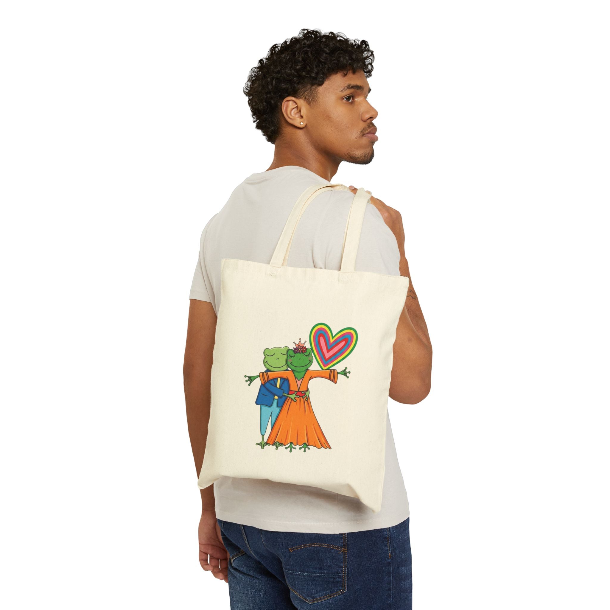 Canvas Tote Bag — Cute Frog Couple with Rainbow Heart Illustration
