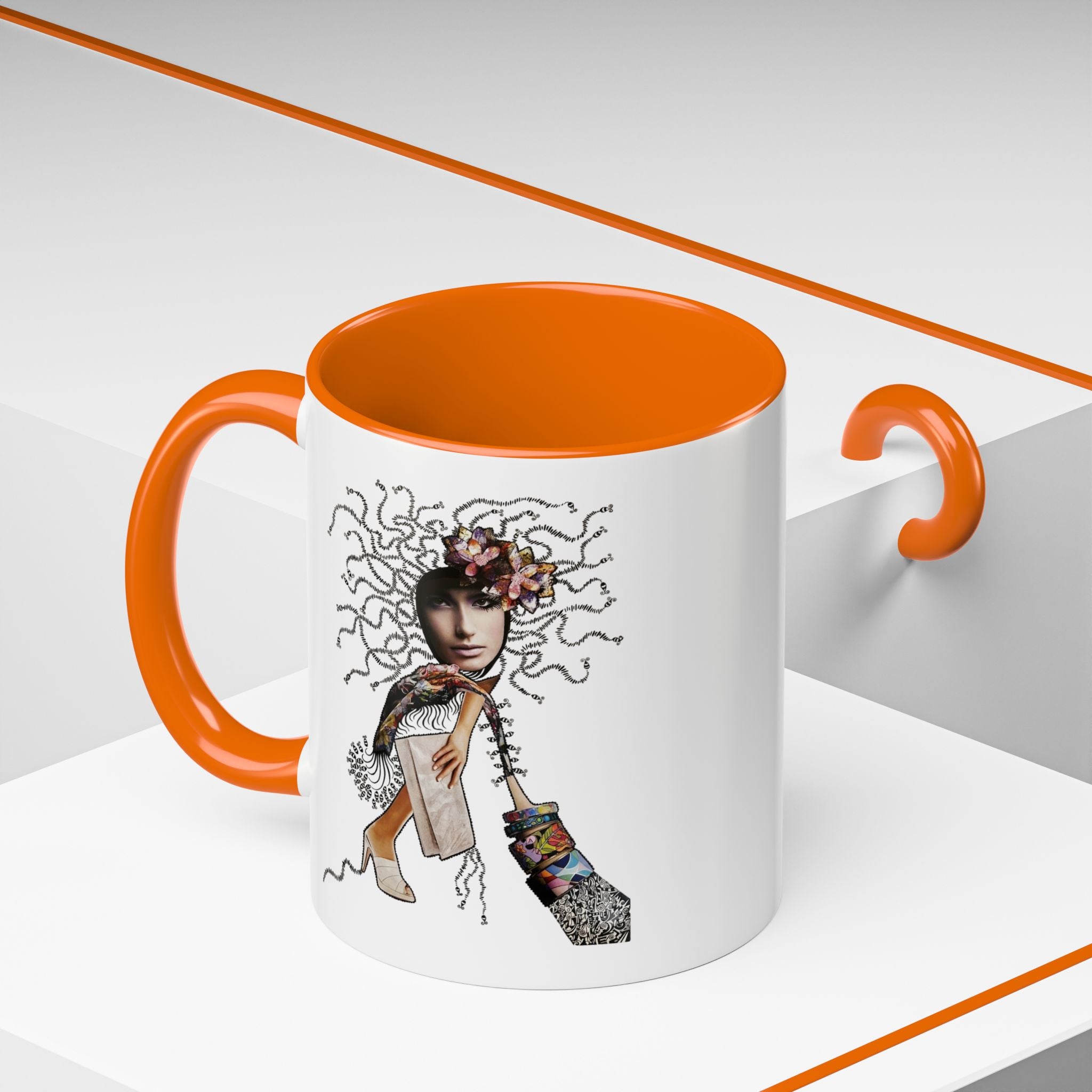 Medusa Face Collage Accent Coffee Mug | Surreal Hair Tendrils, Fashion Elements