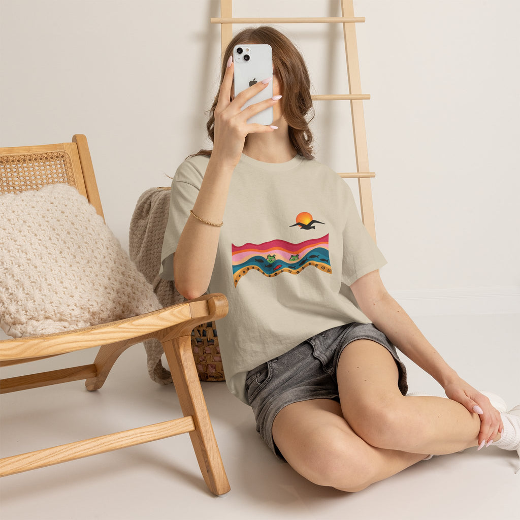Sunset Desert Waves Tee | Vibrant Southwestern Landscape, Bird Silhouette