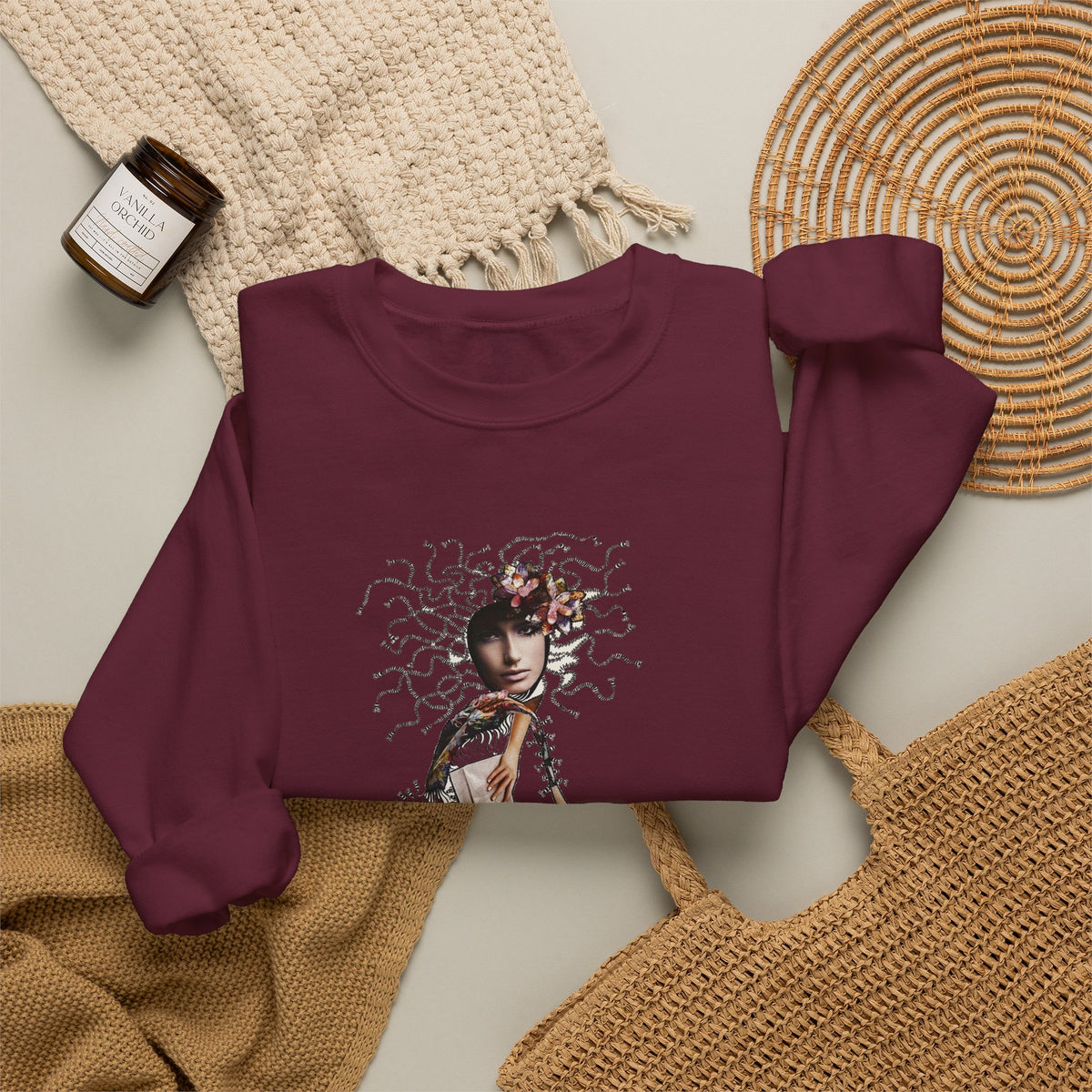 Medusa Goddess Crewneck Sweatshirt — Mythic Floral Medusa Design