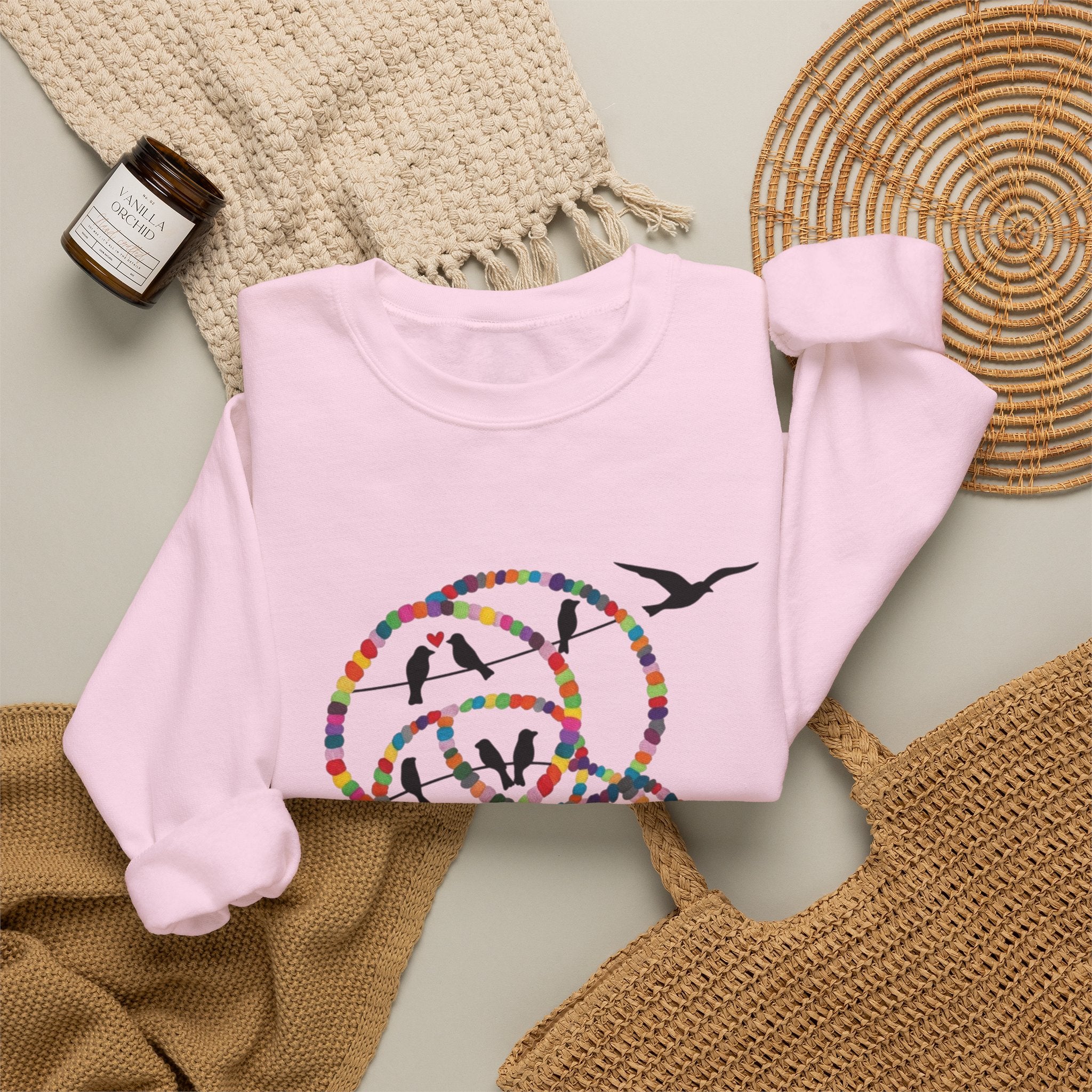 Colorful Hoop Birds sweatshirt | Minimal Circles Bird Silhouette Crewneck