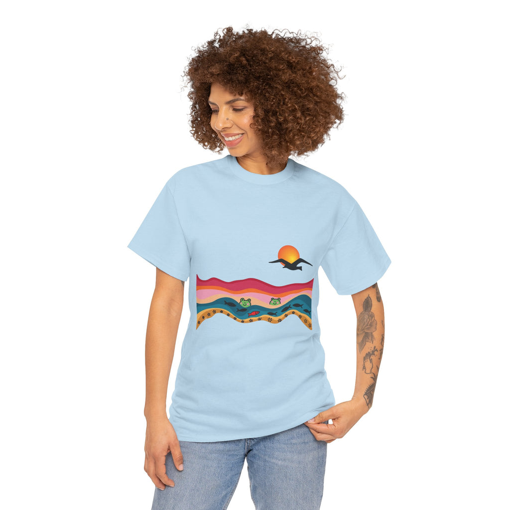 Sunset Desert Waves Tee | Vibrant Southwestern Landscape, Bird Silhouette