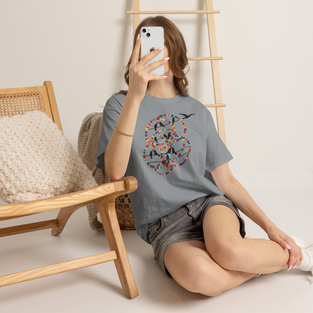 Colorful Tape Swirl with Flying Birds T-Shirt | Abstract Graphic Tee