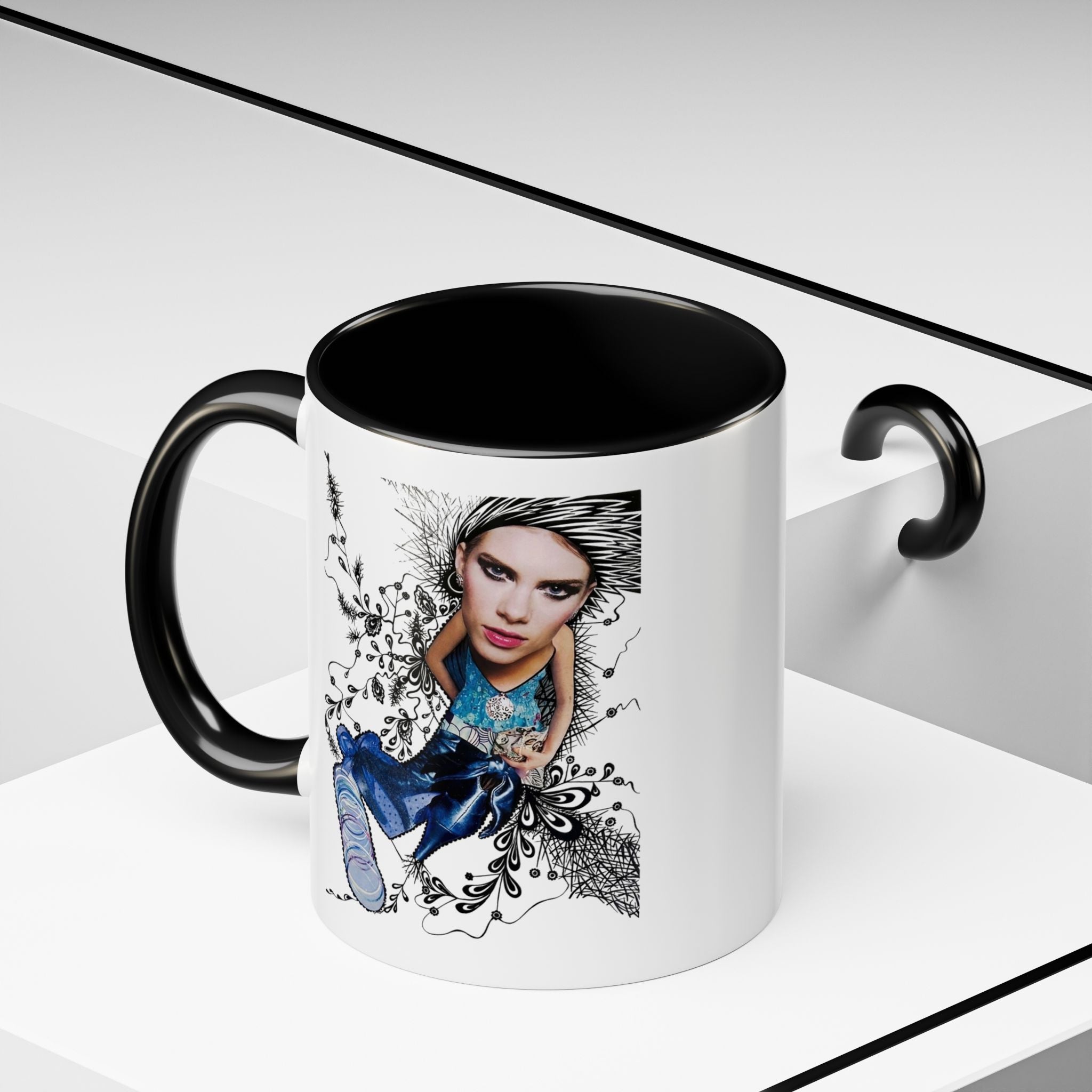 Fashion Illustration Girl Mug | Accent Coffee Mug, Black Handle