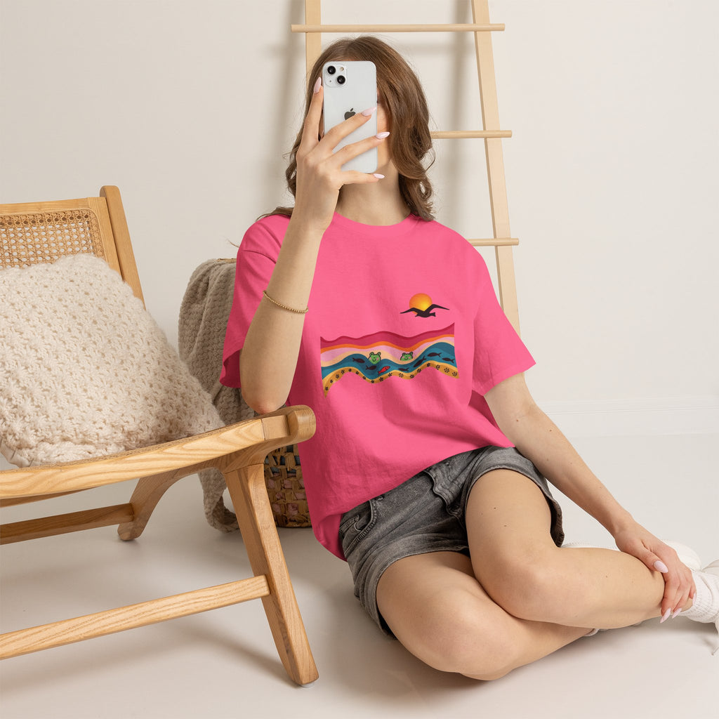 Sunset Desert Waves Tee | Vibrant Southwestern Landscape, Bird Silhouette