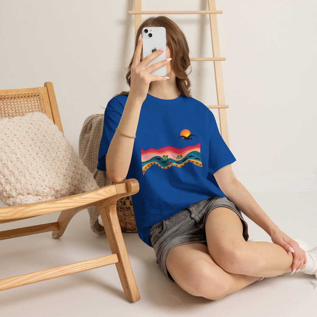Sunset Desert Waves Tee | Vibrant Southwestern Landscape, Bird Silhouette