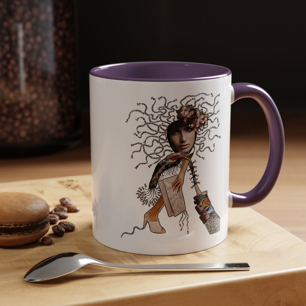 Medusa Face Collage Accent Coffee Mug | Surreal Hair Tendrils, Fashion Elements