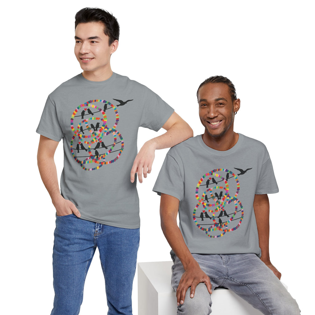 Colorful Tape Swirl with Flying Birds T-Shirt | Abstract Graphic Tee