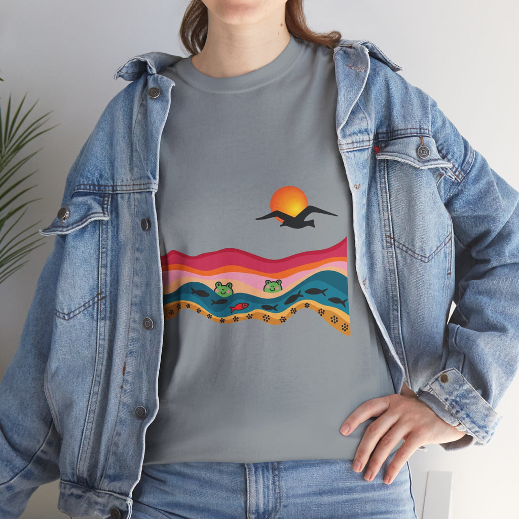 Sunset Desert Waves Tee | Vibrant Southwestern Landscape, Bird Silhouette