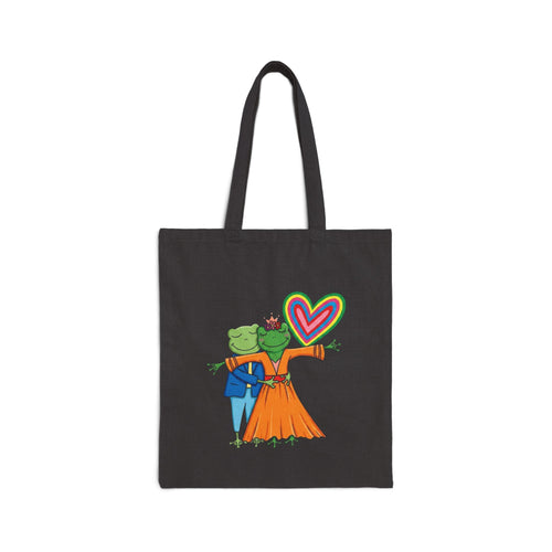 Canvas Tote Bag — Cute Frog Couple with Rainbow Heart Illustration