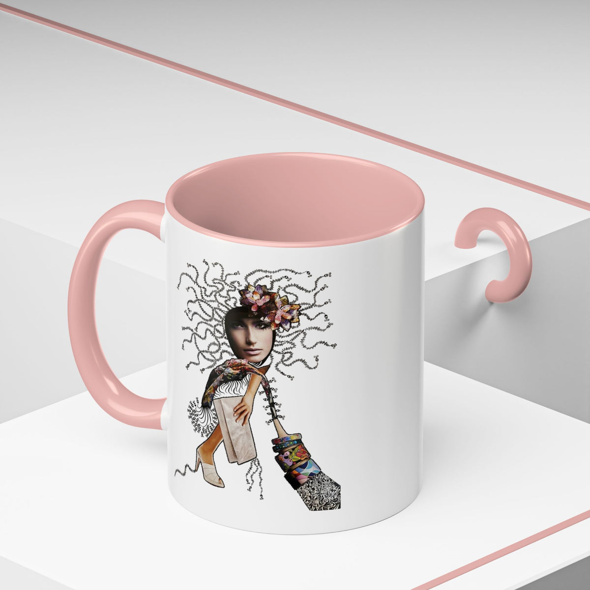 Medusa Face Collage Accent Coffee Mug | Surreal Hair Tendrils, Fashion Elements
