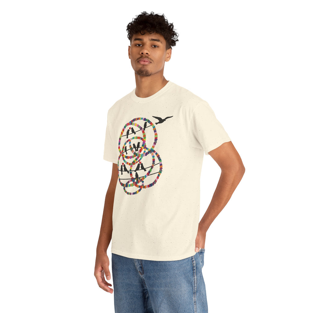 Colorful Tape Swirl with Flying Birds T-Shirt | Abstract Graphic Tee