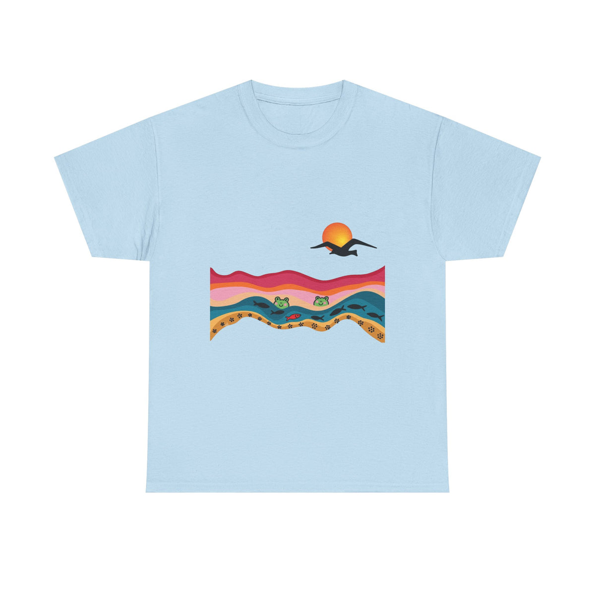 Sunset Desert Waves Tee | Vibrant Southwestern Landscape, Bird Silhouette
