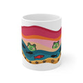 Playful Frog Pond Mug | Colorful Waves, Fish and Paw Print Border