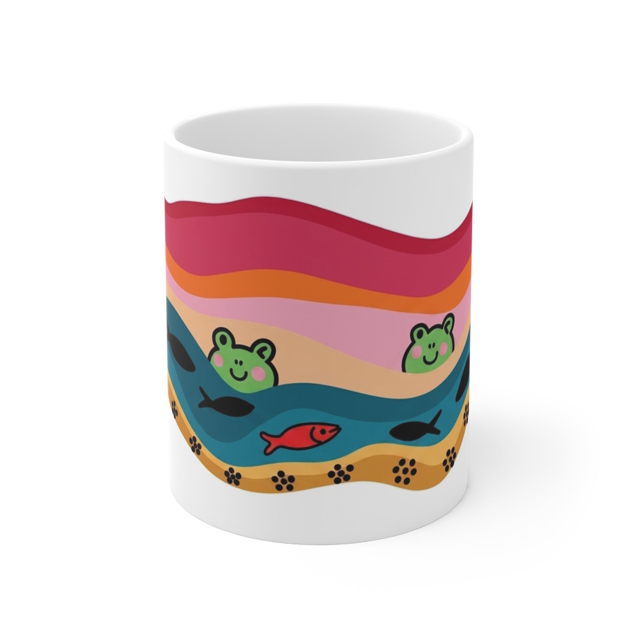 Playful Frog Pond Mug | Colorful Waves, Fish and Paw Print Border