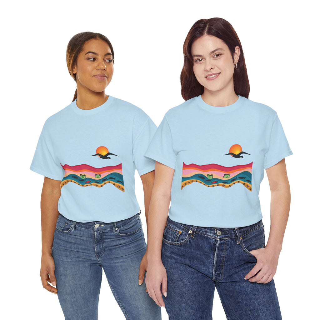 Sunset Desert Waves Tee | Vibrant Southwestern Landscape, Bird Silhouette