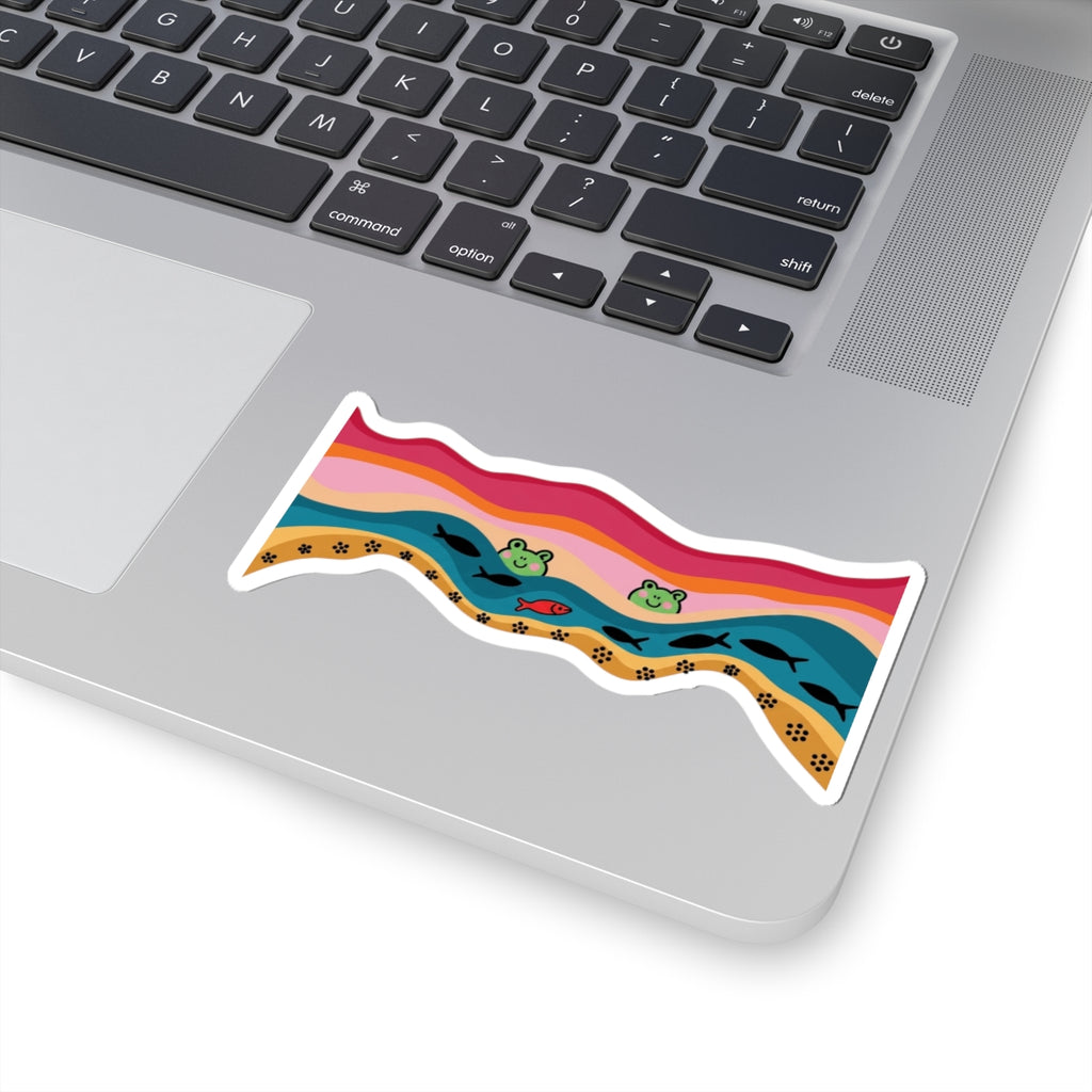 Wavy Frog Pond Kiss-Cut Sticker — Cute Retro Rainbow Frog & Fish Decal
