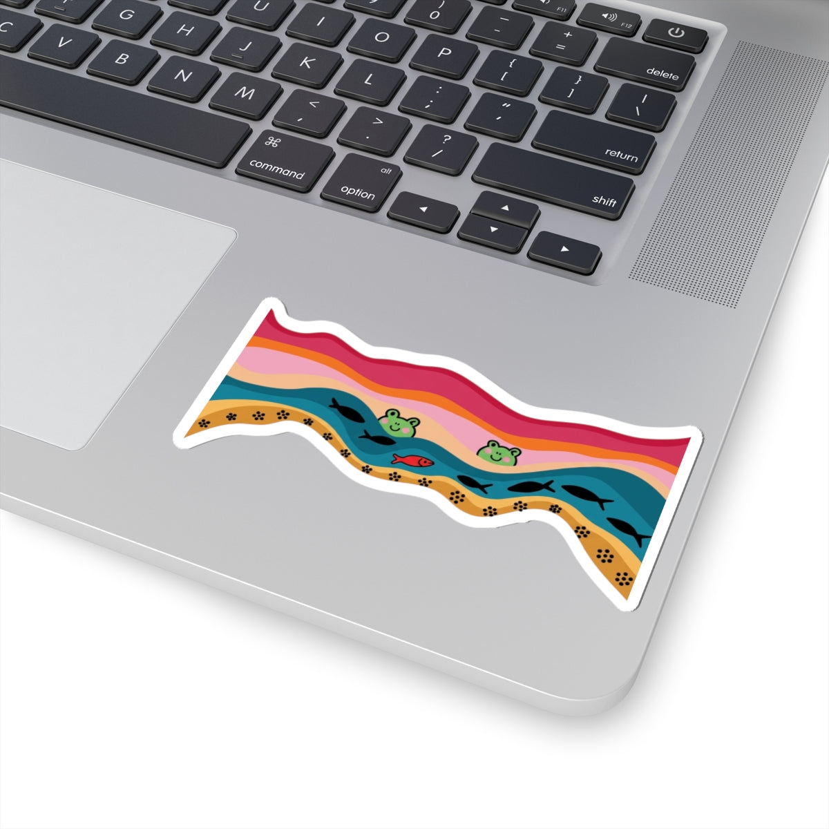 Wavy Frog Pond Kiss-Cut Sticker — Cute Retro Rainbow Frog & Fish Decal