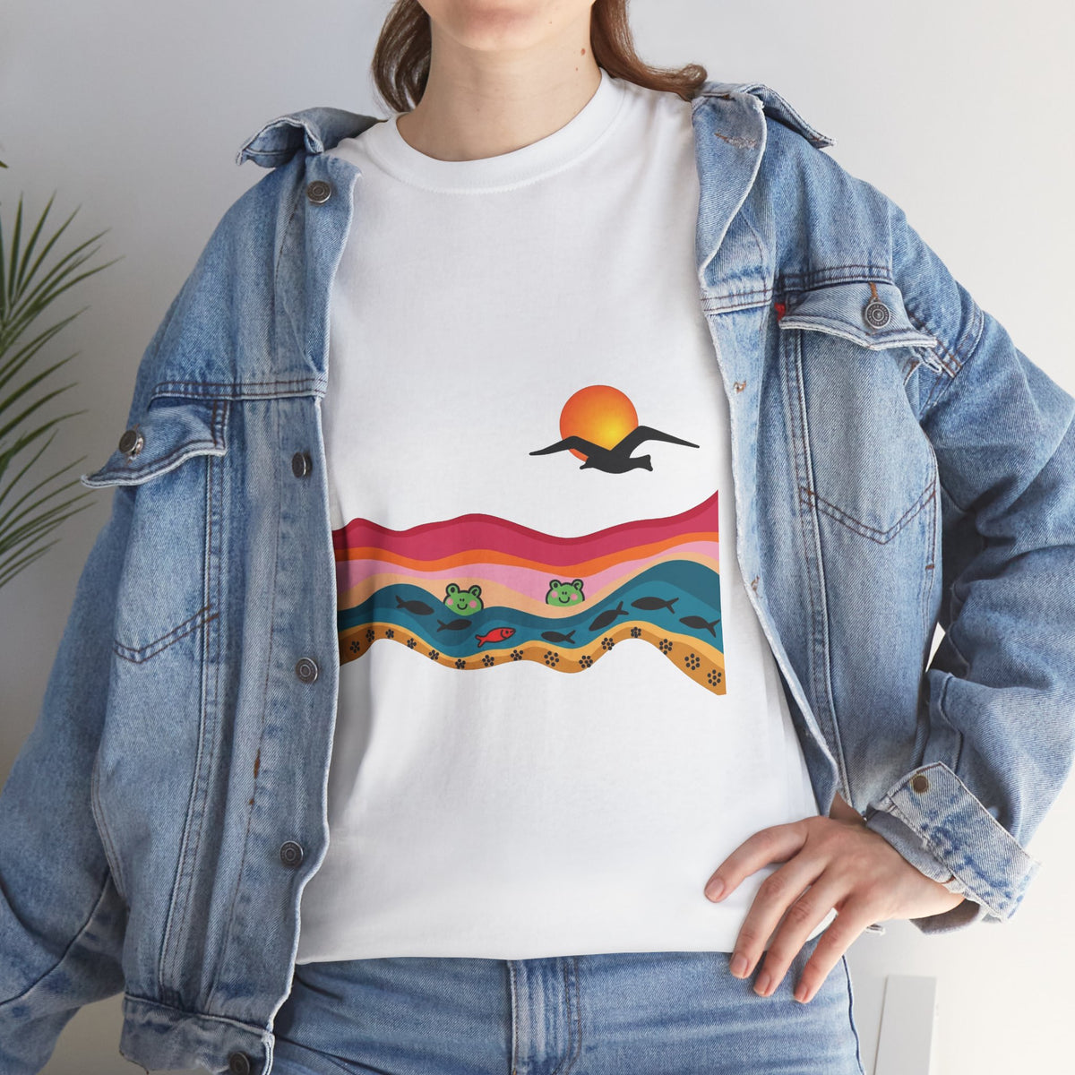 Sunset Desert Waves Tee | Vibrant Southwestern Landscape, Bird Silhouette