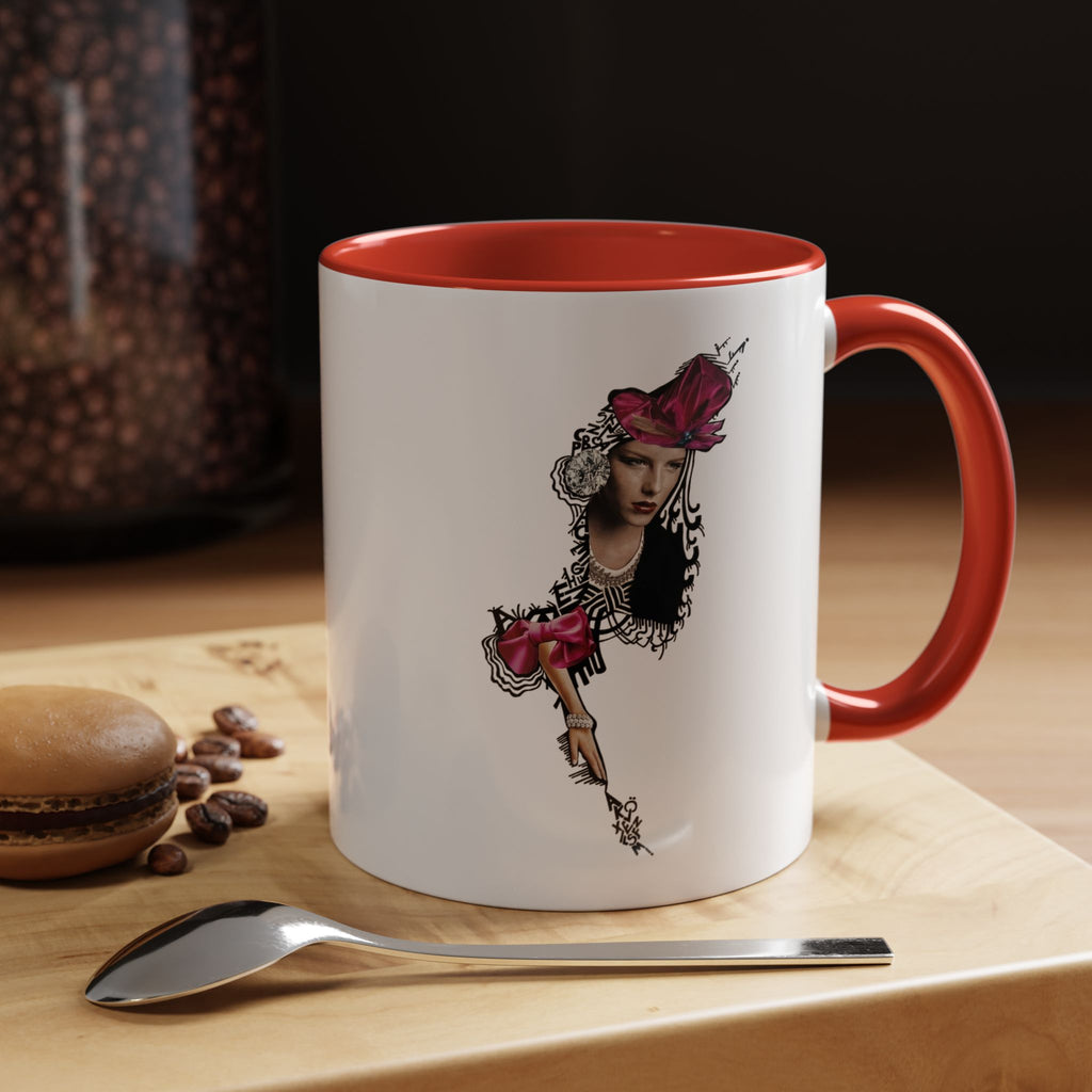 Vintage Femme Portrait Mug | Floral Headpiece, Pink Feathered Hat