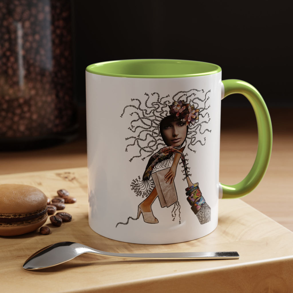 Medusa Face Collage Accent Coffee Mug | Surreal Hair Tendrils, Fashion Elements