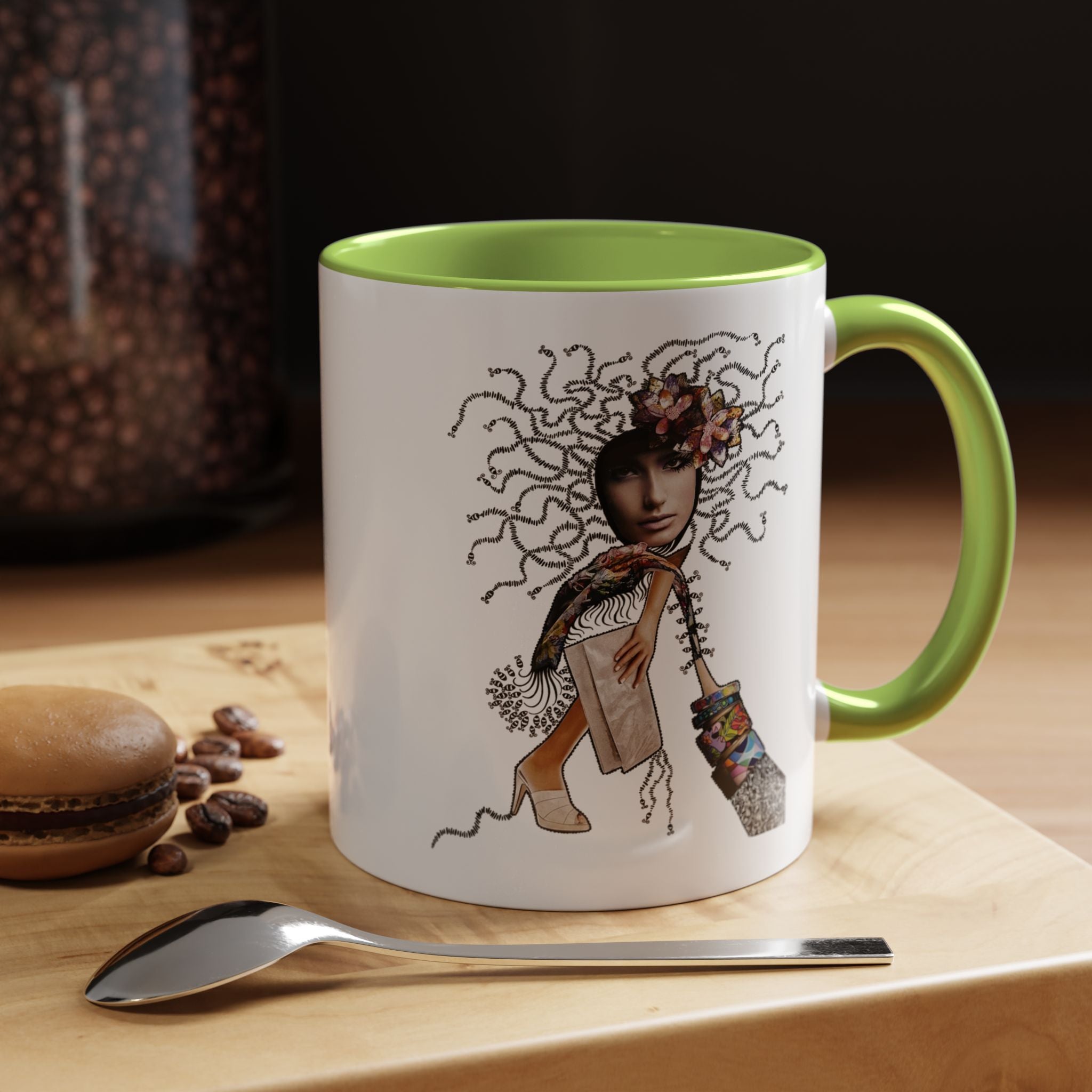 Medusa Face Collage Accent Coffee Mug | Surreal Hair Tendrils, Fashion Elements