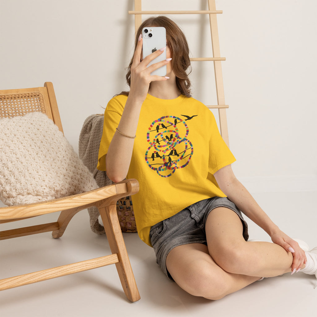 Colorful Tape Swirl with Flying Birds T-Shirt | Abstract Graphic Tee