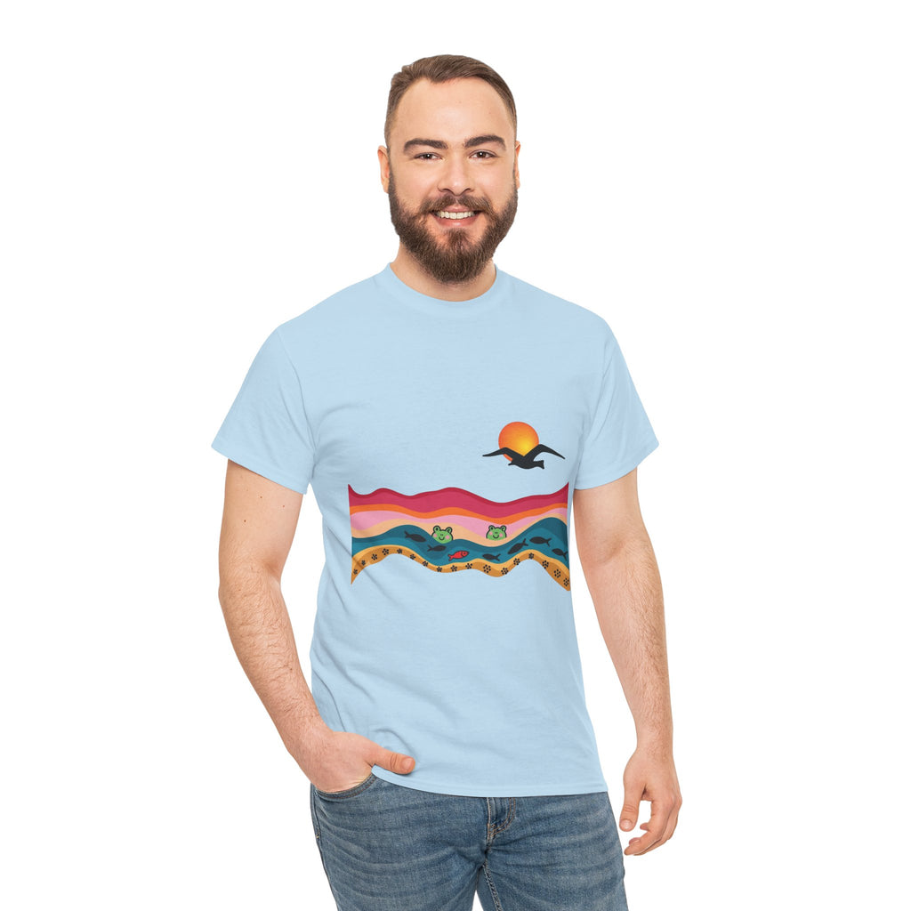 Sunset Desert Waves Tee | Vibrant Southwestern Landscape, Bird Silhouette