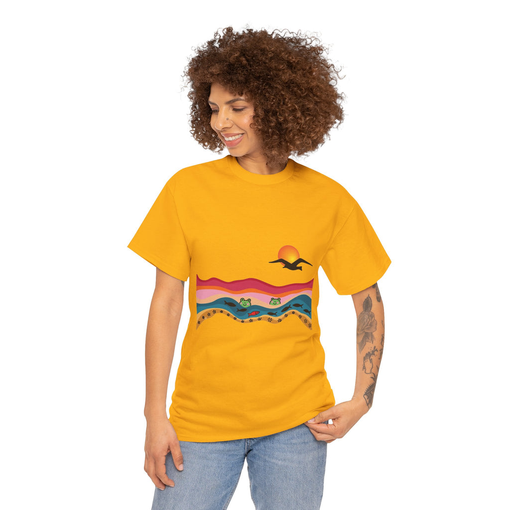 Sunset Desert Waves Tee | Vibrant Southwestern Landscape, Bird Silhouette
