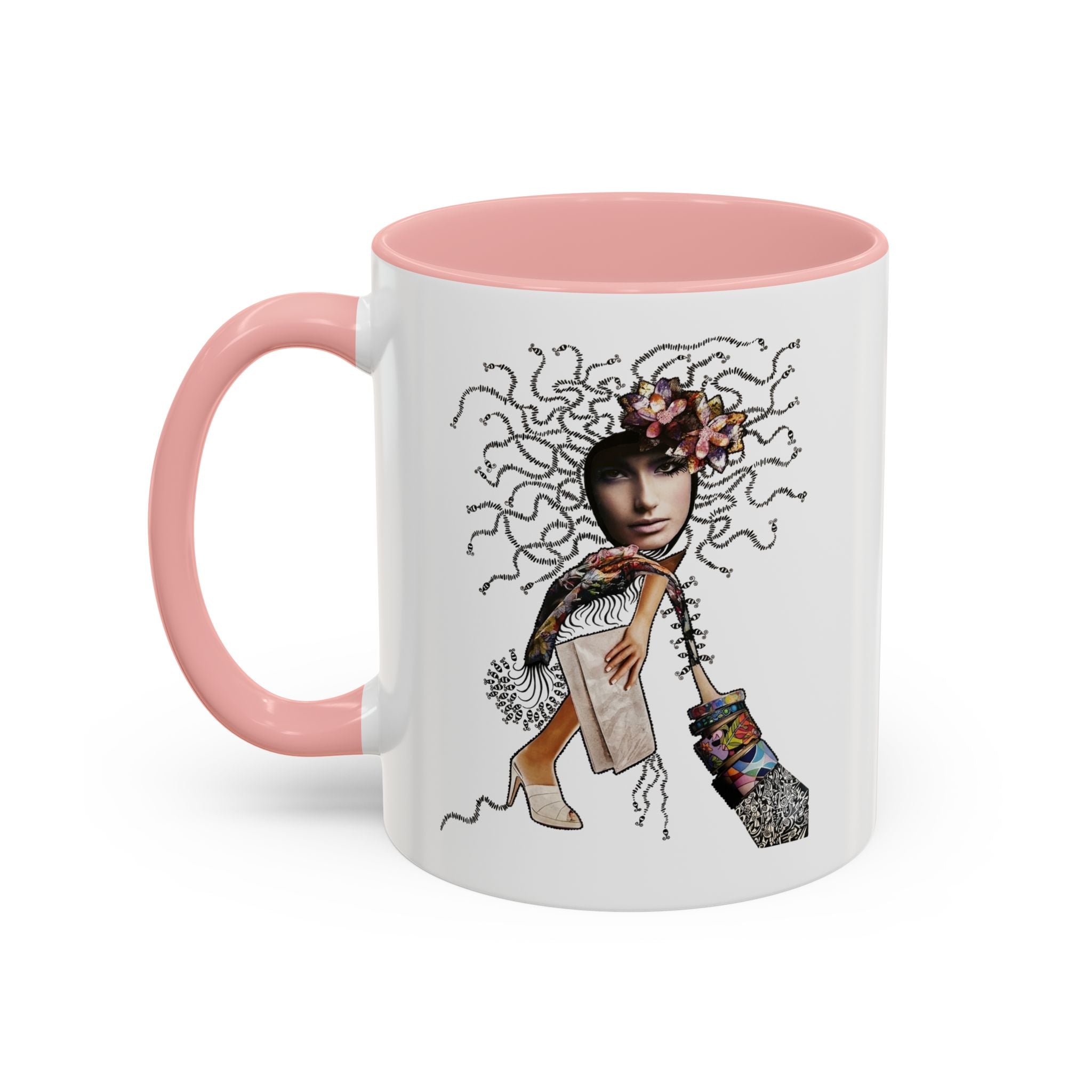 Medusa Face Collage Accent Coffee Mug | Surreal Hair Tendrils, Fashion Elements