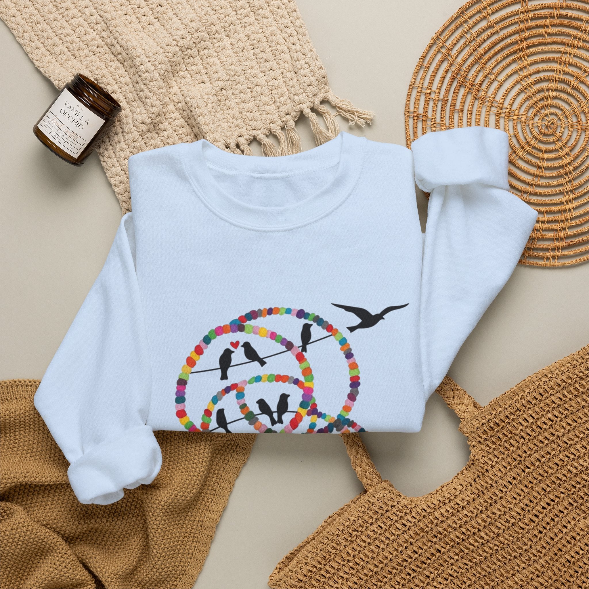 Colorful Hoop Birds sweatshirt | Minimal Circles Bird Silhouette Crewneck