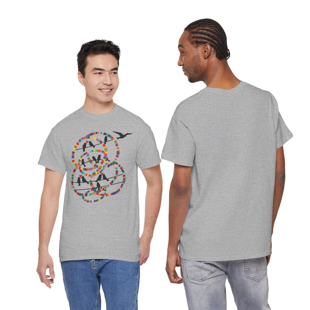 Colorful Tape Swirl with Flying Birds T-Shirt | Abstract Graphic Tee