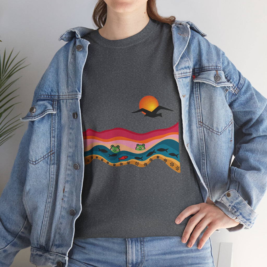 Sunset Desert Waves Tee | Vibrant Southwestern Landscape, Bird Silhouette
