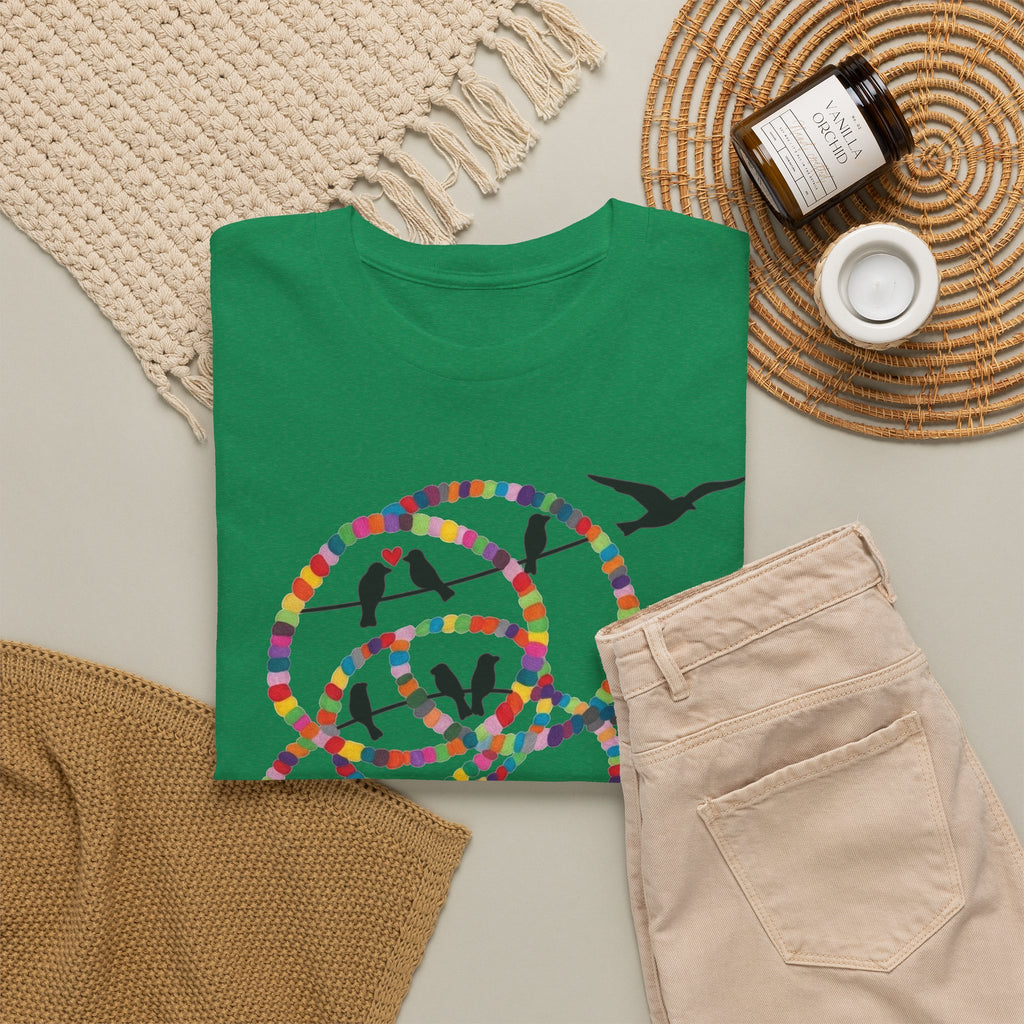 Colorful Tape Swirl with Flying Birds T-Shirt | Abstract Graphic Tee