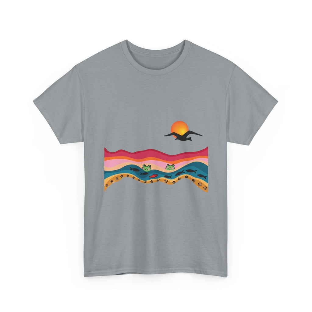 Sunset Desert Waves Tee | Vibrant Southwestern Landscape, Bird Silhouette
