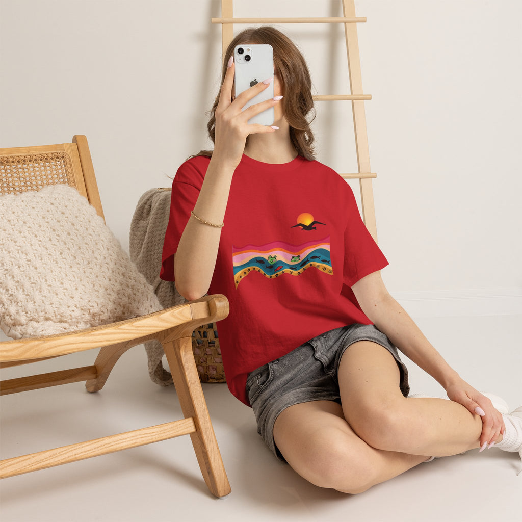 Sunset Desert Waves Tee | Vibrant Southwestern Landscape, Bird Silhouette