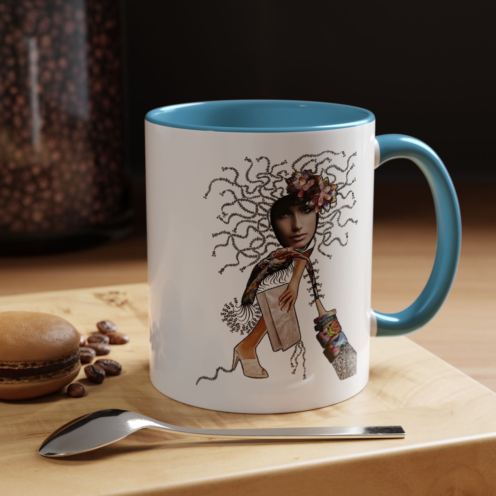 Medusa Face Collage Accent Coffee Mug | Surreal Hair Tendrils, Fashion Elements