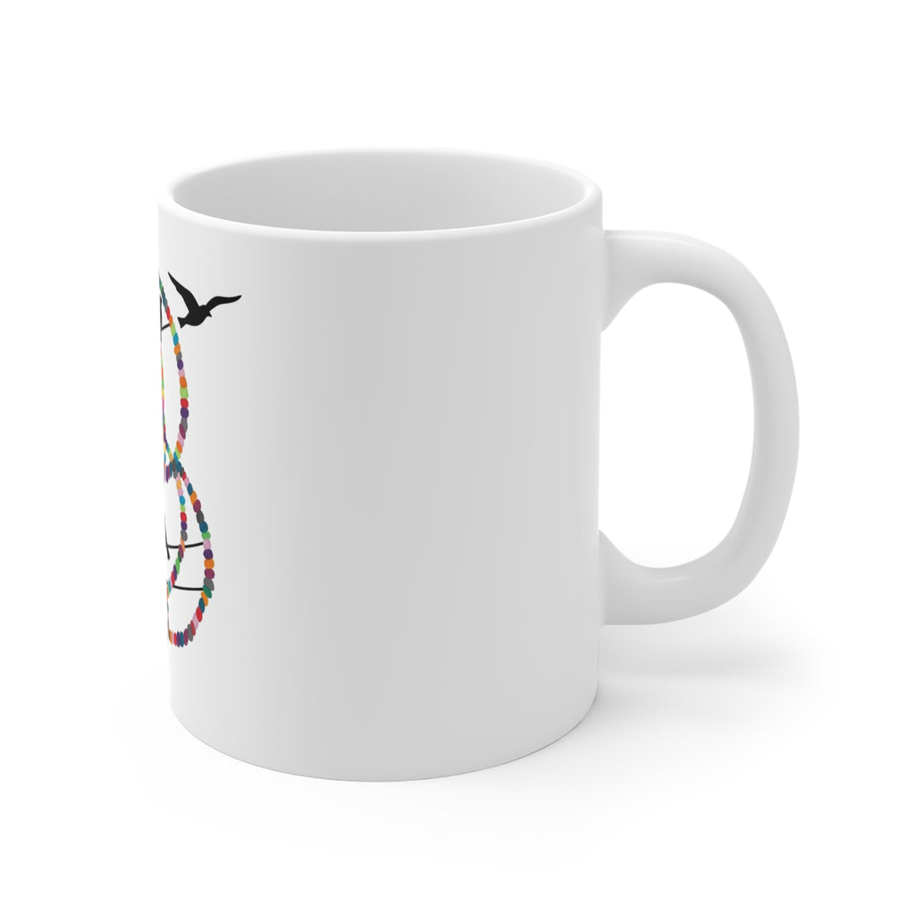 Colorful Beaded Hoop Birds Mug | Silhouette Bird Art, Whimsical Pattern