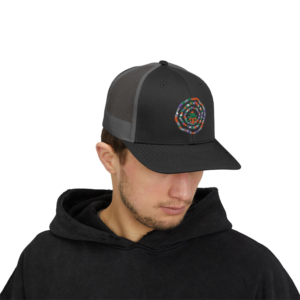Spiral Mosaic Flower Snapback Trucker Cap | Embroidered Floral Circle